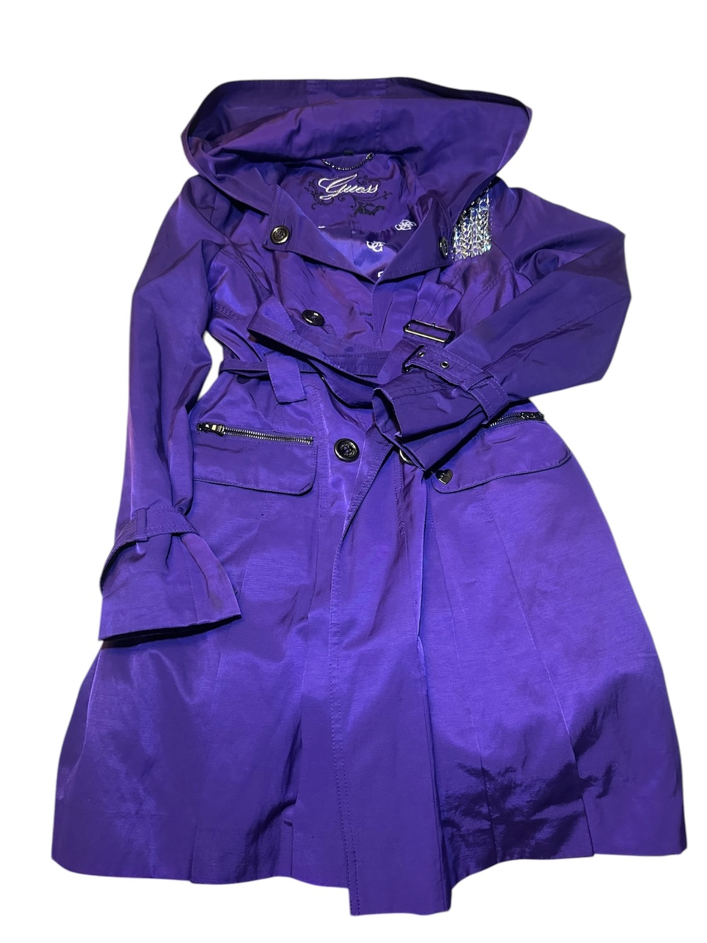 Vintage GUESS Purple Studded Spike Hooded Trench Coat Belted Y2K Size Small